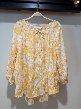 Yellow Floral Tie-Neck Peasant Tunic